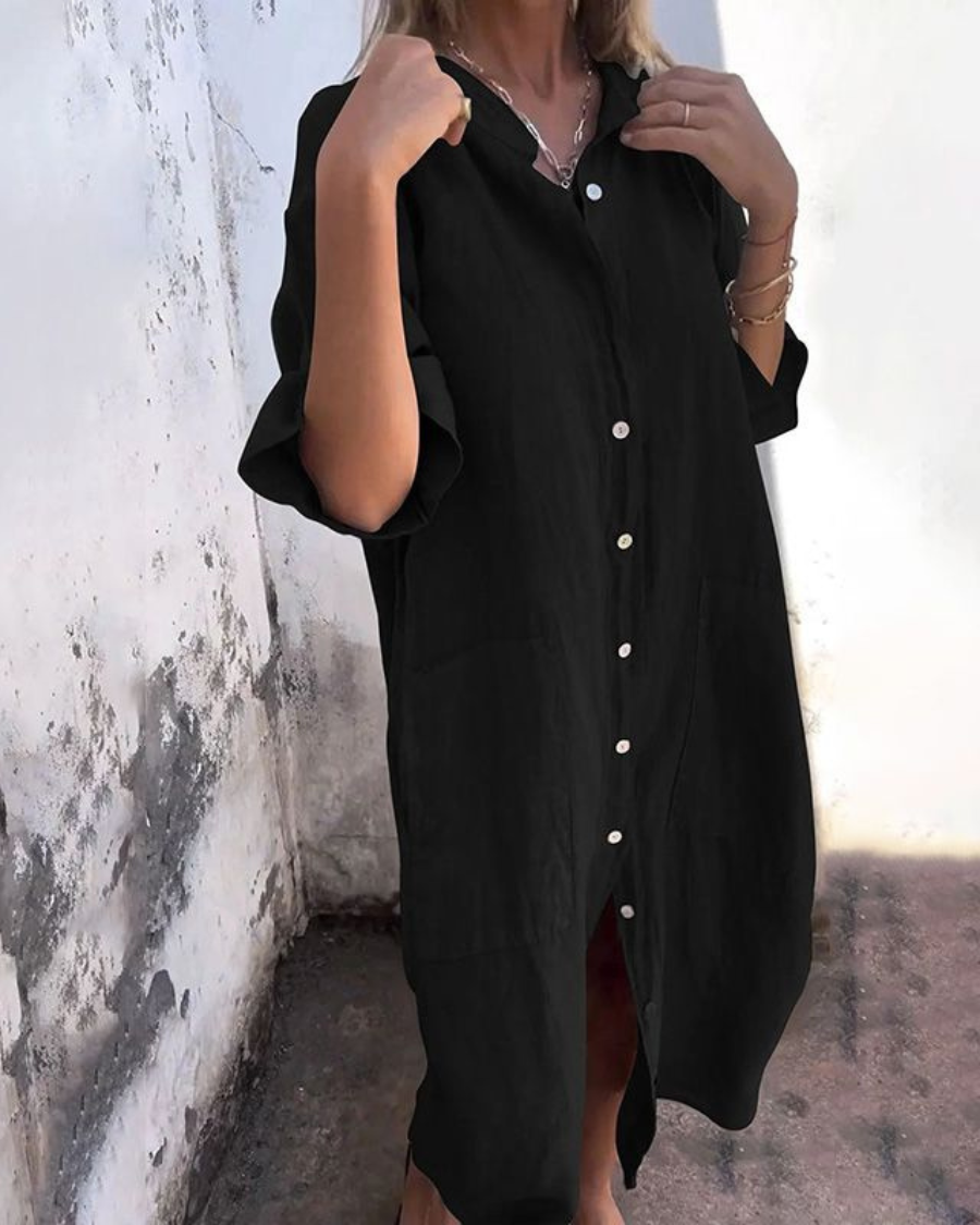 Robe chemise bohème chic Melany de Danoir Paris, tissu fluide avec imprimé floral, manches longues et ceinture à la taille.