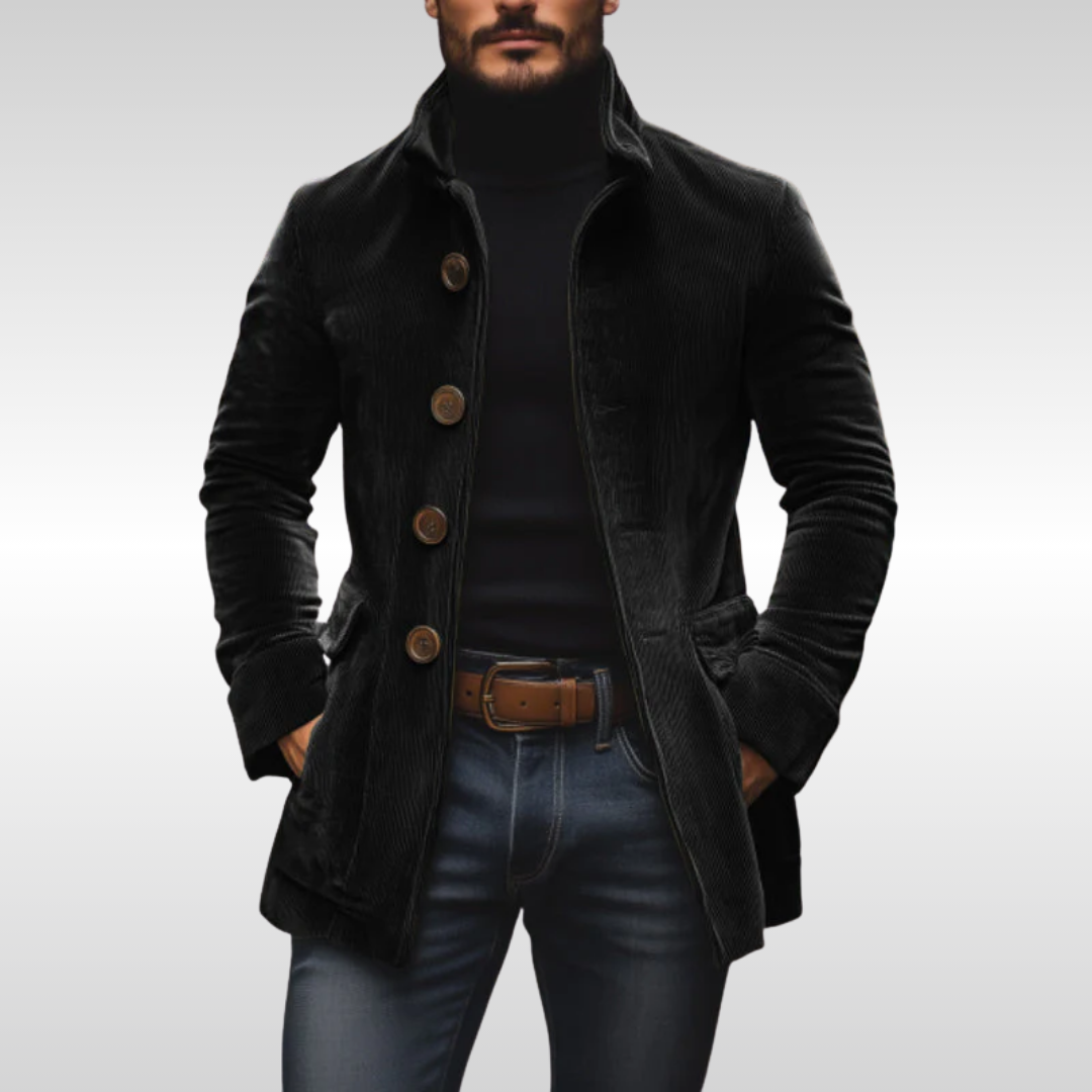 Veste en velours côtelé Danoir Paris™ de couleur camel, coupe classique avec col et boutons frontaux, mode élégante.
