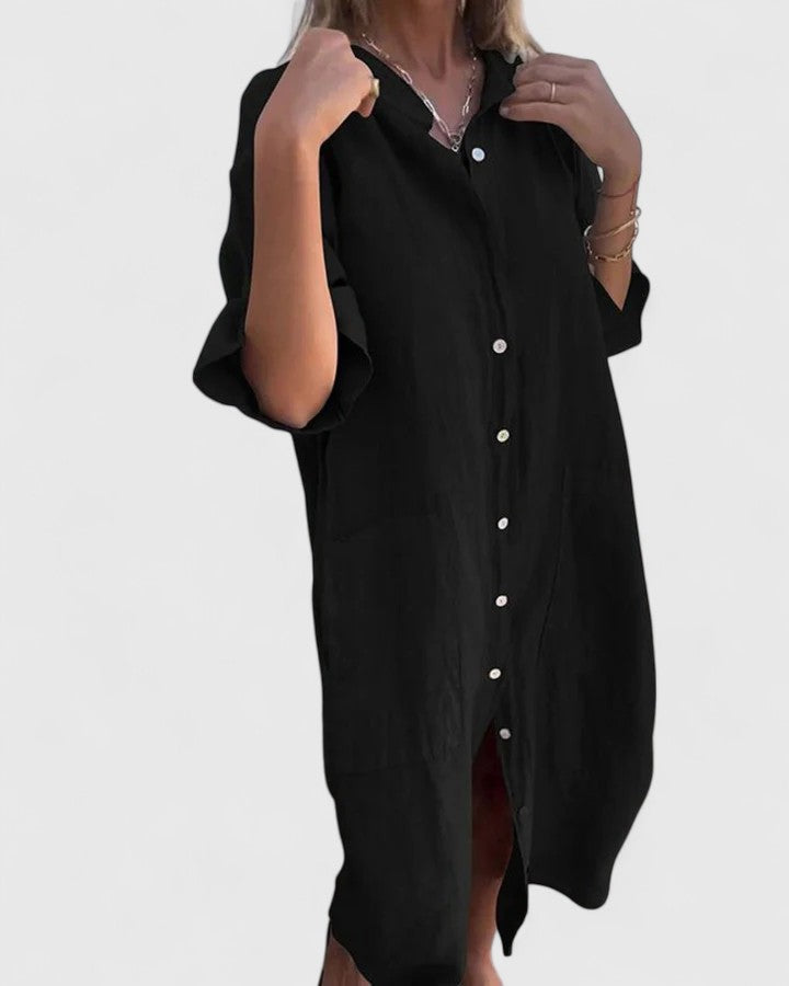 Robe en lin élégante Marella Danoir Paris, coupe fluide, couleur naturelle, portée décontractée, détails de texture visible.