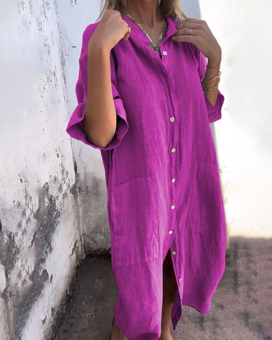 Robe chemise décontractée Melanie Danoir Paris, style Ibiza, en tissu léger avec imprimé floral, manches courtes et col en V.