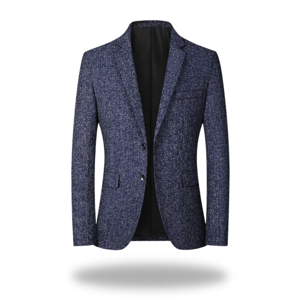 Blazer élégant pour hommes Danoir Paris, tissu gris foncé, coupe ajustée avec revers, porté sur une chemise blanche.