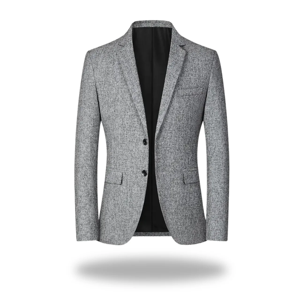 Blazer élégant pour hommes Danoir Paris, coupe ajustée avec col en V et boutons, porté sur un fond neutre.