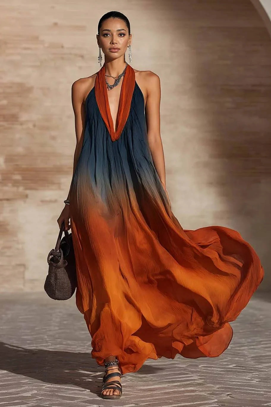 Robe longue halter dégradée Danoir Paris, style élégant avec coupe fluide et tissu confortable, portée lors d'une occasion spéciale.