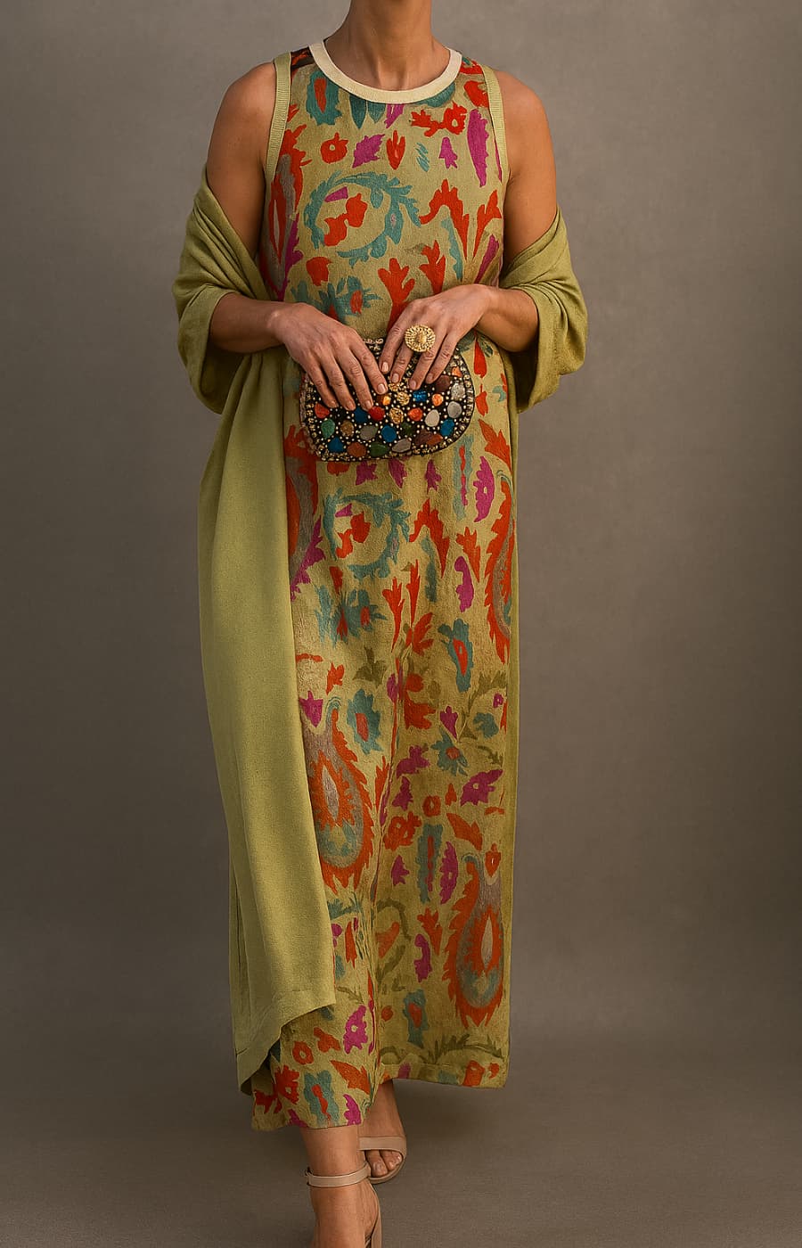 Ensemble robe longue imprimée jaune Élina avec gilet assorti, par Danoir Paris, porté et détail de la tenue.