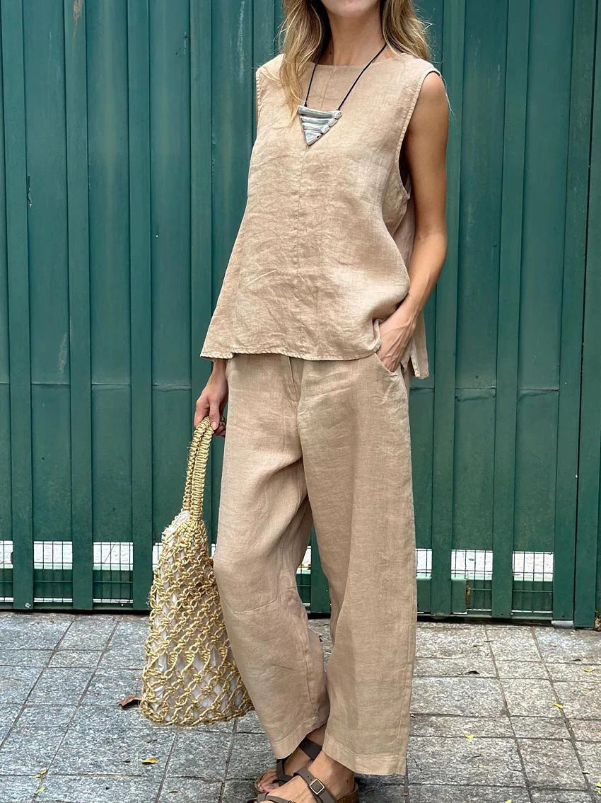 Veste décontractée et pantalon léger pour femmes Danoir Paris Sheila, ensemble printemps été, tissu confortable et style casual.