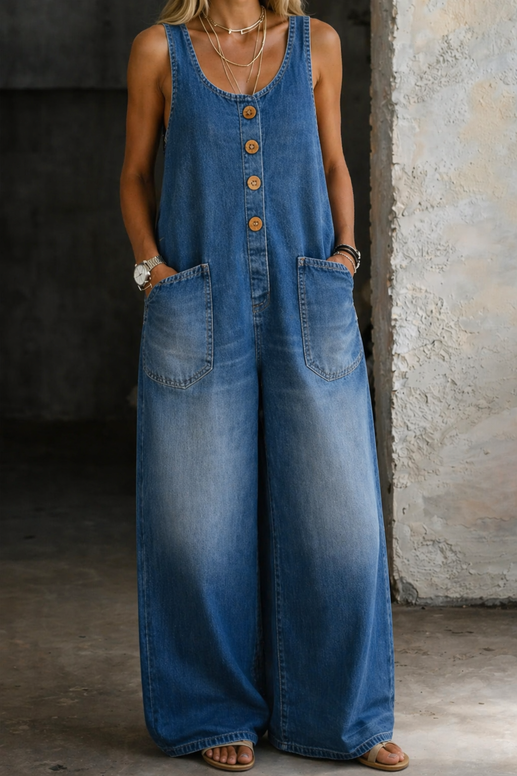 Salopette en denim vintage lavé Danoir Paris, combinaison en coton bleu, style overalls pour femme, près du corps.