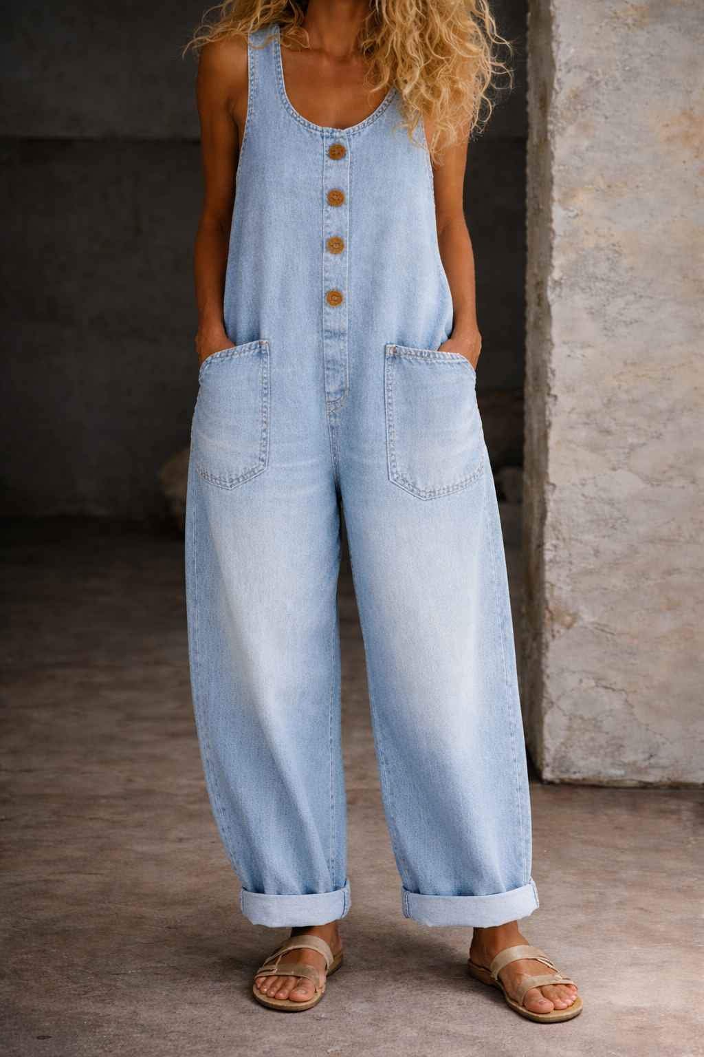 Salopette en denim vintage lavé Danoir Paris, combinaison en coton bleu pour femme, détail des bretelles et poches.