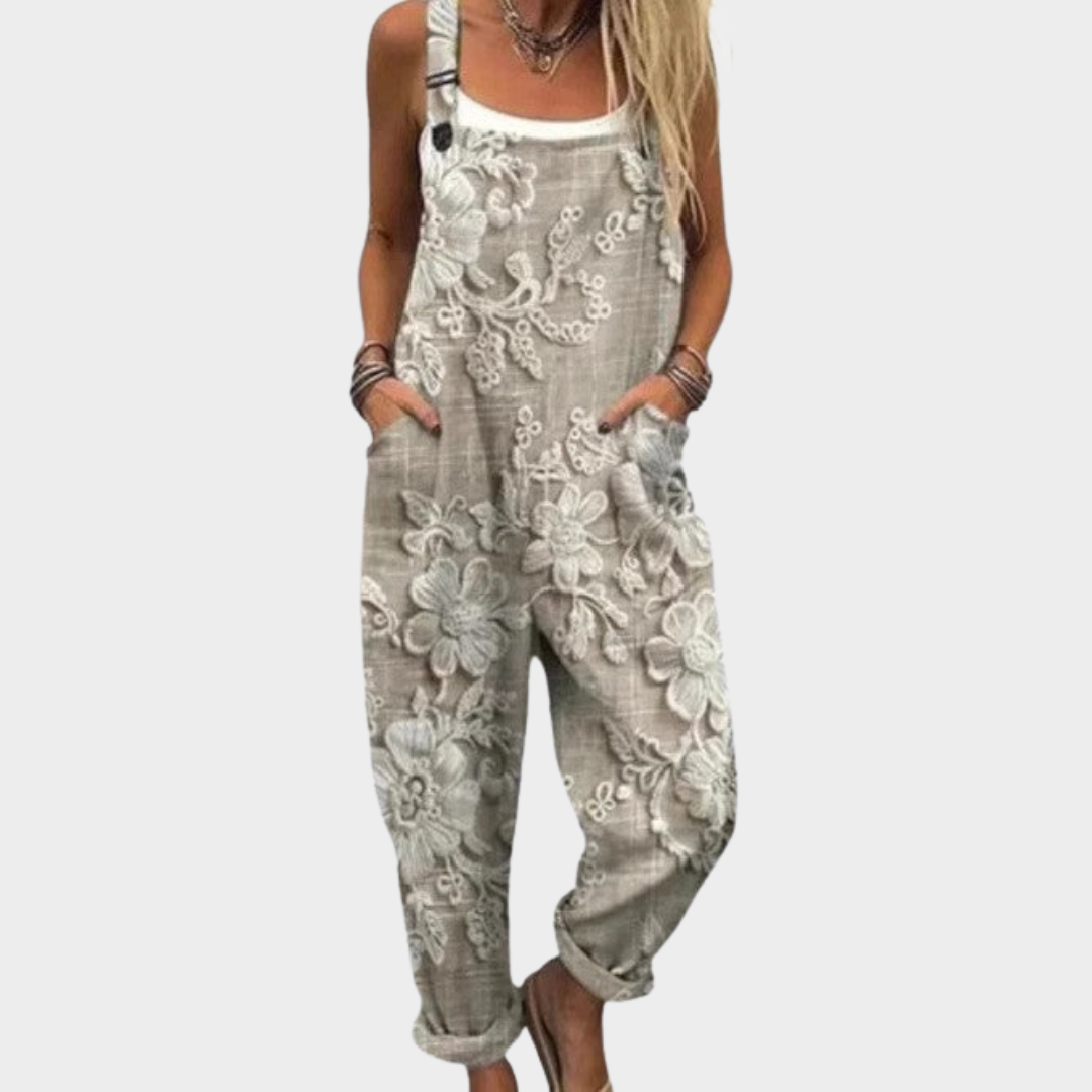 Salopette imprimée Danoir Paris en tissu confortable, pantalon une pièce gris avec motif, mode décontractée et élégante.