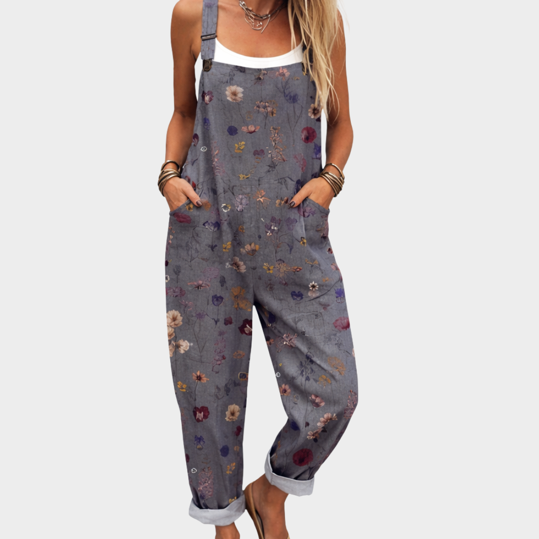 Salopette imprimée confortable de Danoir Paris, combinaison pantalon avec motif coloré, tissu doux et ajusté.