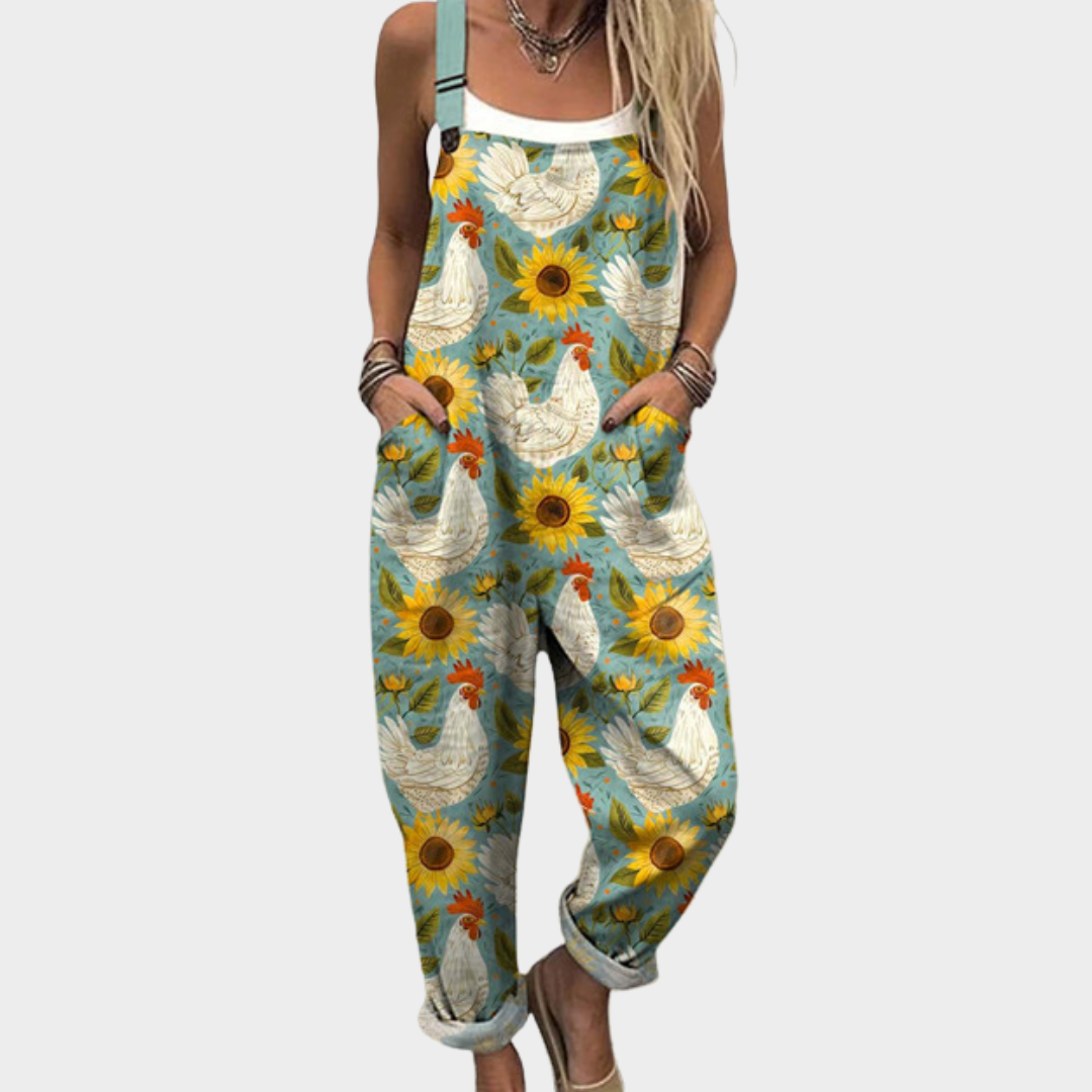 Salopette imprimée confortable de Danoir Paris, combinaison pantalon avec motif coloré, tissu doux et ajustable pour un look décontracté.