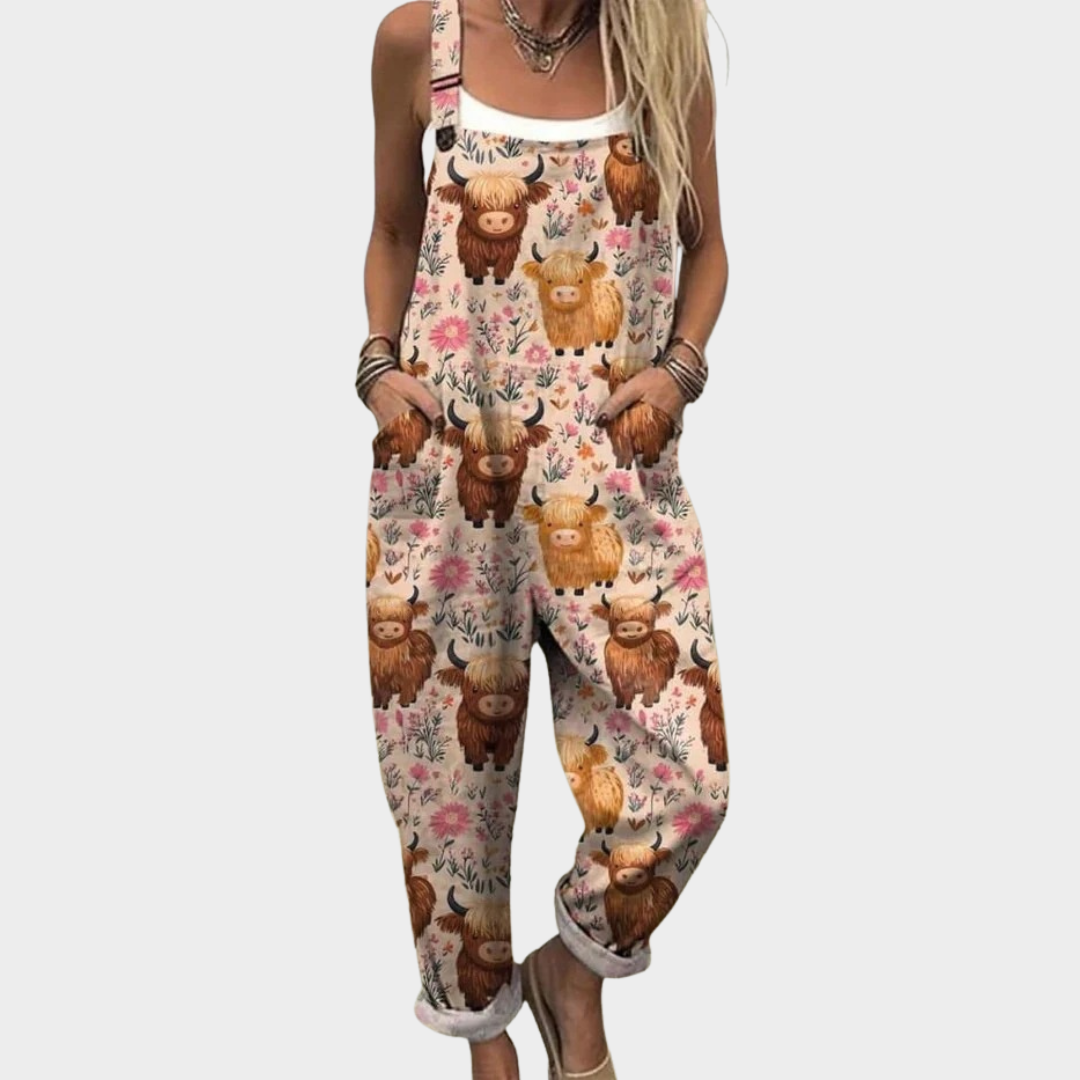 Salopette imprimée confortable de Danoir Paris, vêtement de type jumpsuit avec motif coloré et style décontracté.