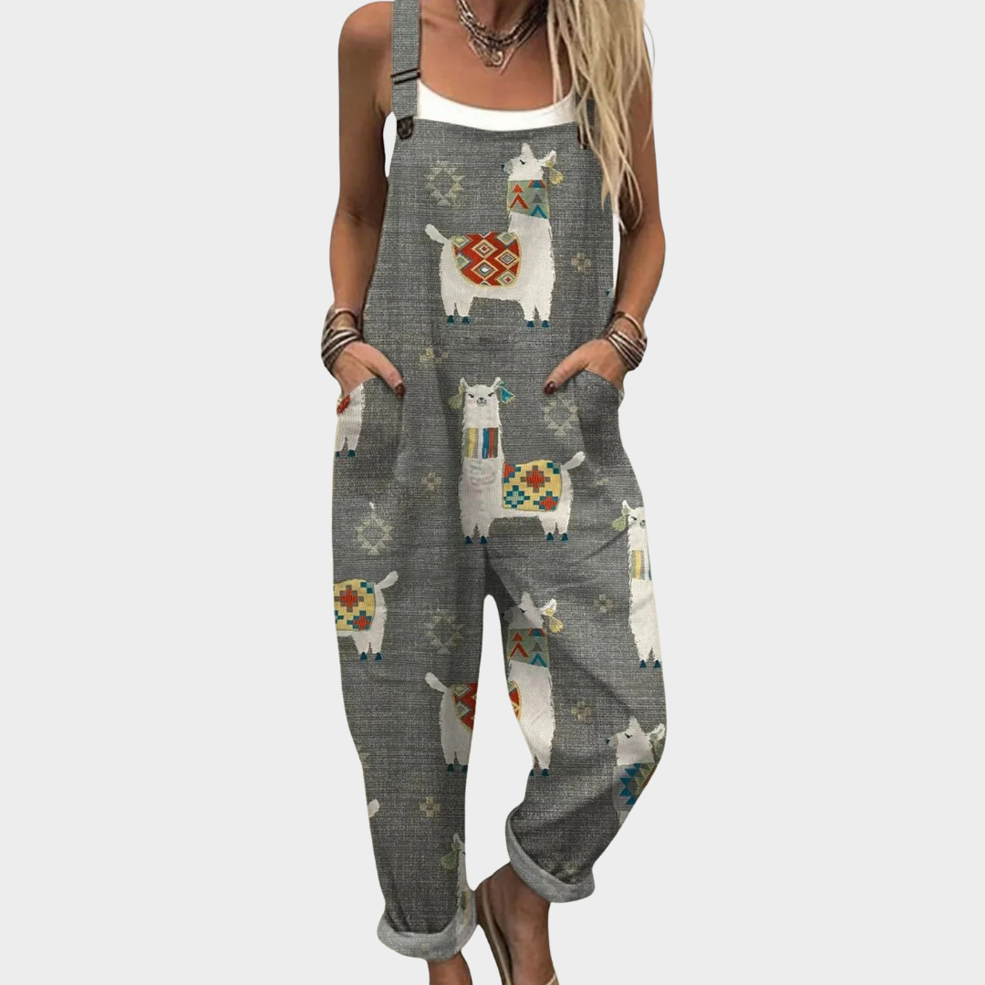 Jumpsuit imprimée confortable de Danoir Paris, salopette en tissu léger avec motif coloré, vue de face.