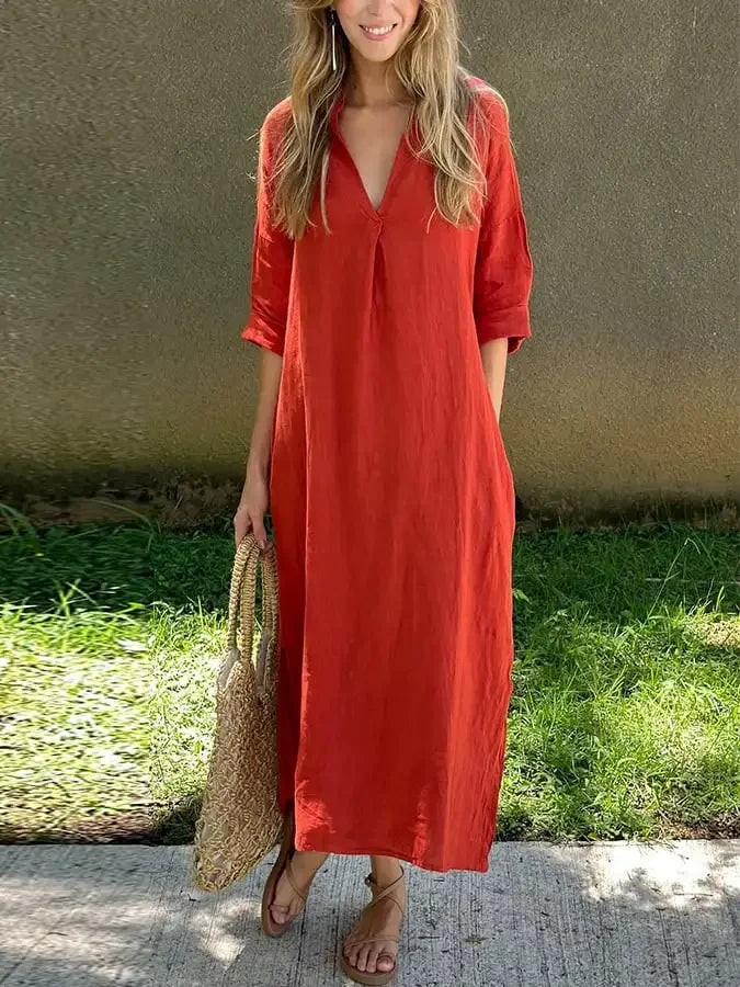 Robe longue décontractée Fiora de Danoir Paris, tissu fluide et confortable, portée élégante et décontractée.