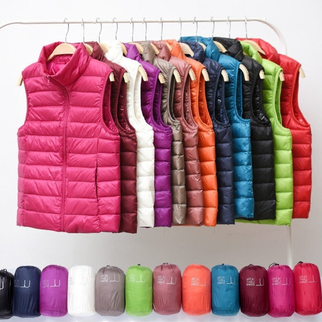 Gilet élégant en duvet kaki Saphire de Danoir Paris, coupe ajustée, léger et chaud, porté sur un modèle.