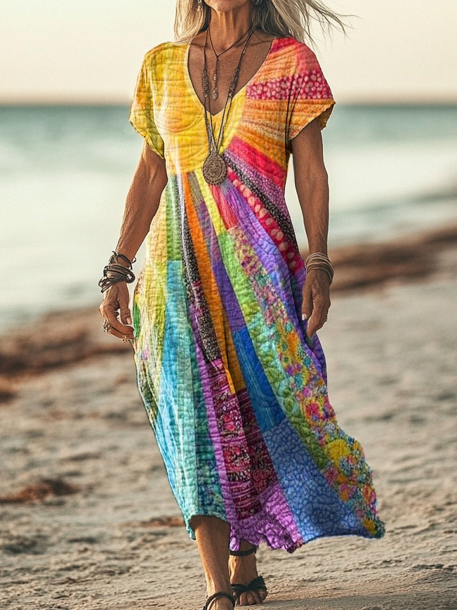 Robe bohème Danoir Paris avec motif solaire, ample et légère, idéale pour l'été, en tissu fluide et coloré.