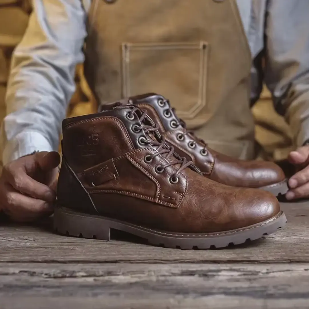 Bottes en cuir vintage Aaron de Danoir Paris, mode élégante, avec détails en cuir patiné et semelle robuste.