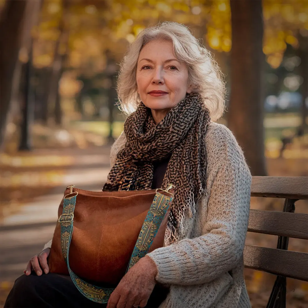 Sac à bandoulière vintage Danoir Paris Freya en cuir marron clair, design intemporel et élégant, visible avec détails en cuir souple.