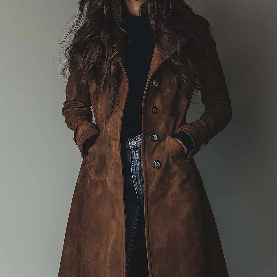 Trench-coat en daim vintage Danoir Paris, élégant et classique, avec col large et ceinture, porté par un mannequin.