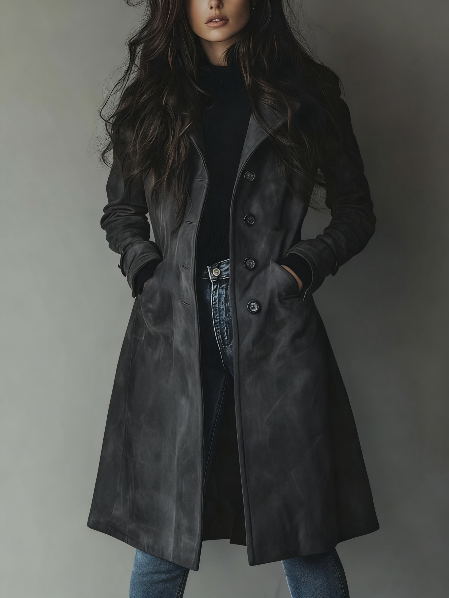 Trench-coat en daim vintage Danoir Paris, style élégant avec col et poches visibles, porté en extérieur.