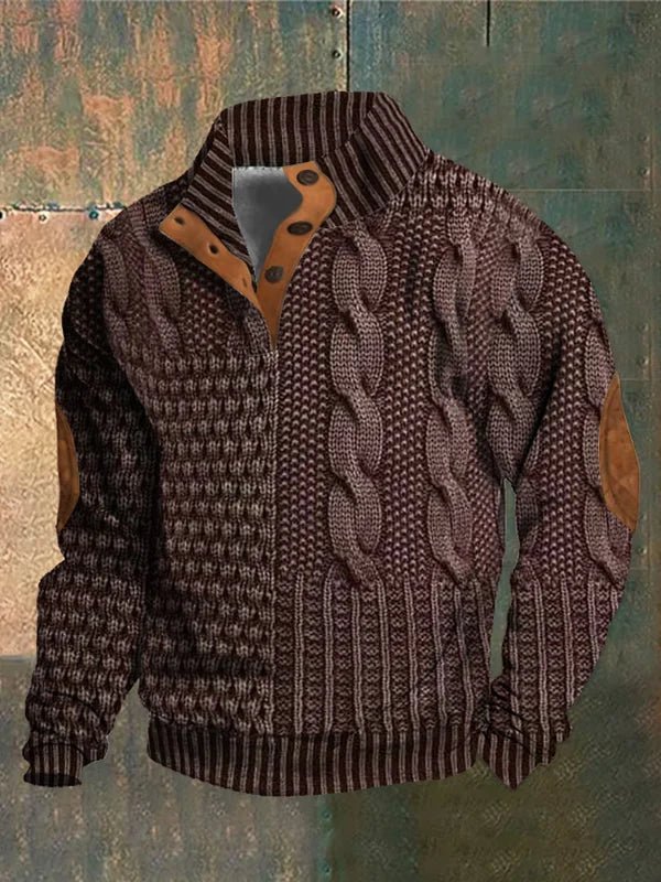 Pull-over vintage imprimé Danoir Paris, en laine, avec motifs rétro et col rond, porté par un mannequin.