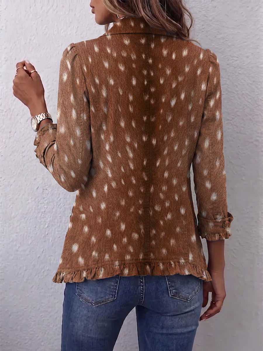 Veste bohème Hélène de Danoir Paris avec imprimé animalier marron et volants, style élégant et tendance.