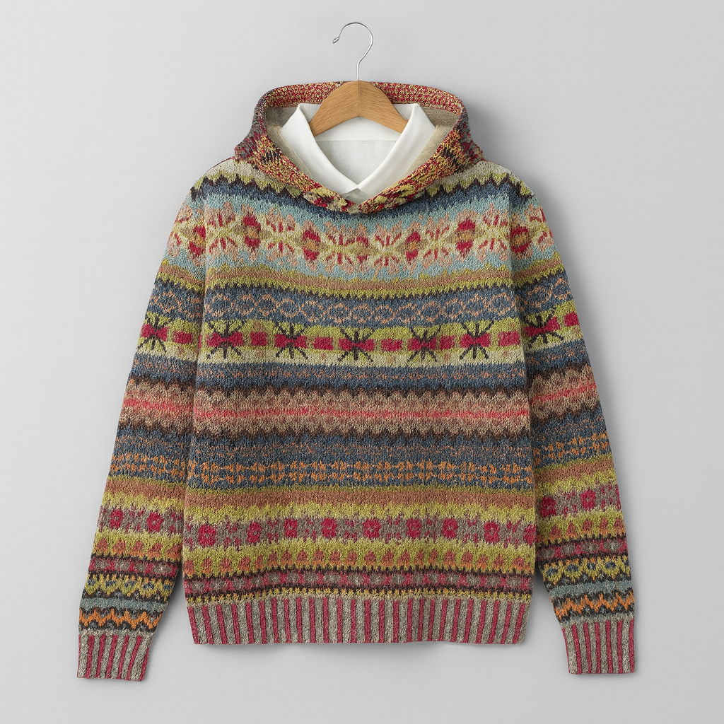 Sweat ethnique chic Julliet de Danoir Paris, motif coloré et détails tendance, porté sur mannequin.