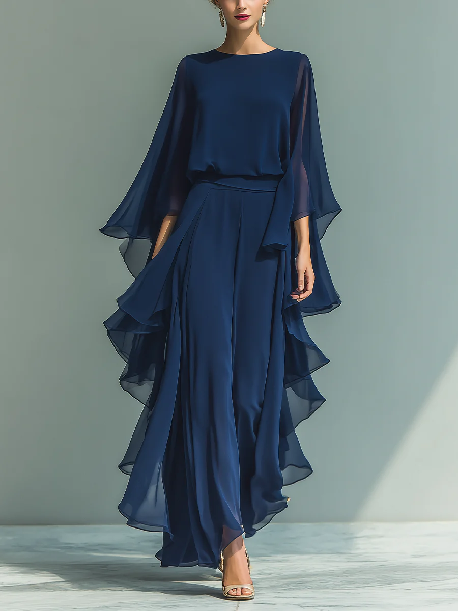 Ensemble assorti Aurora Danoir Paris en chiffon élégant avec volant, composé d’un haut et d’un bas, parfait pour un look sophistiqué.