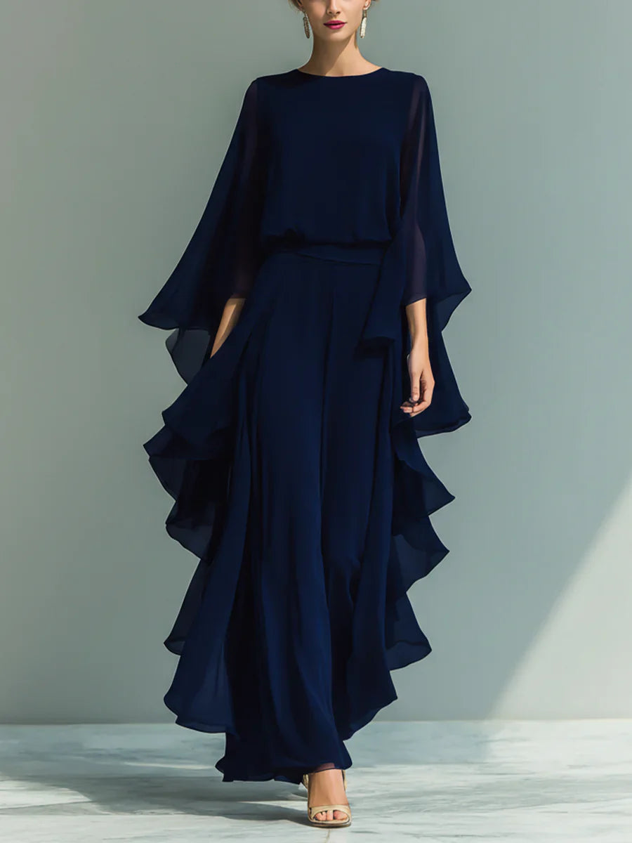 Ensemble assorti Aurora en chiffon élégant avec volants, par Danoir Paris, mettant en valeur le tissu fluide et les détails raffinés.
