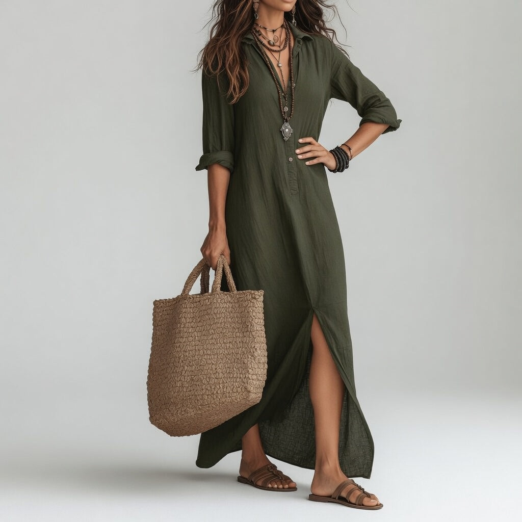 Robe longue chemise bohème Violaine™ verte de Danoir Paris, élégance naturelle, style maxi dress avec ceinture à la taille.