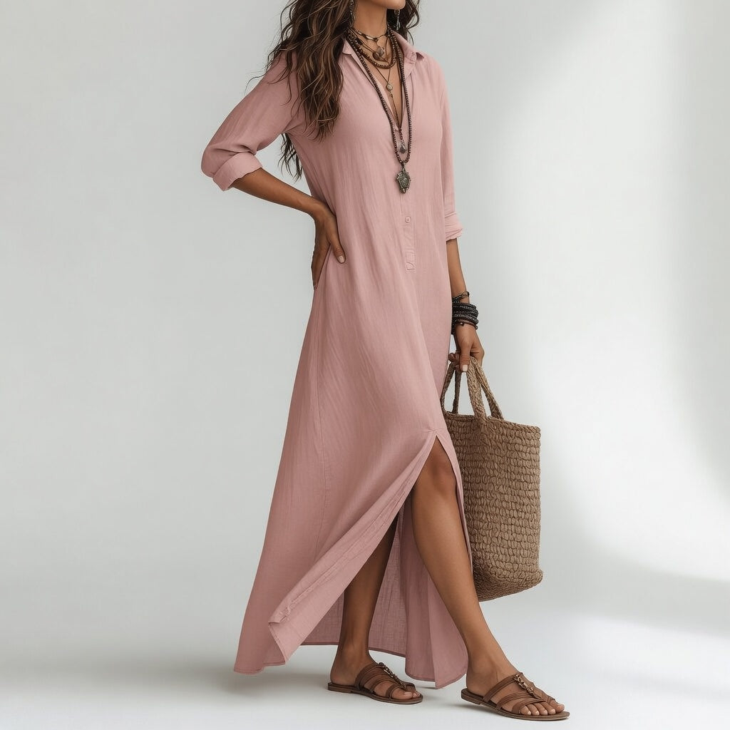 Robe longue chemise bohème Violaine™ de Danoir Paris en tissu rose, élégance naturelle et style décontracté.