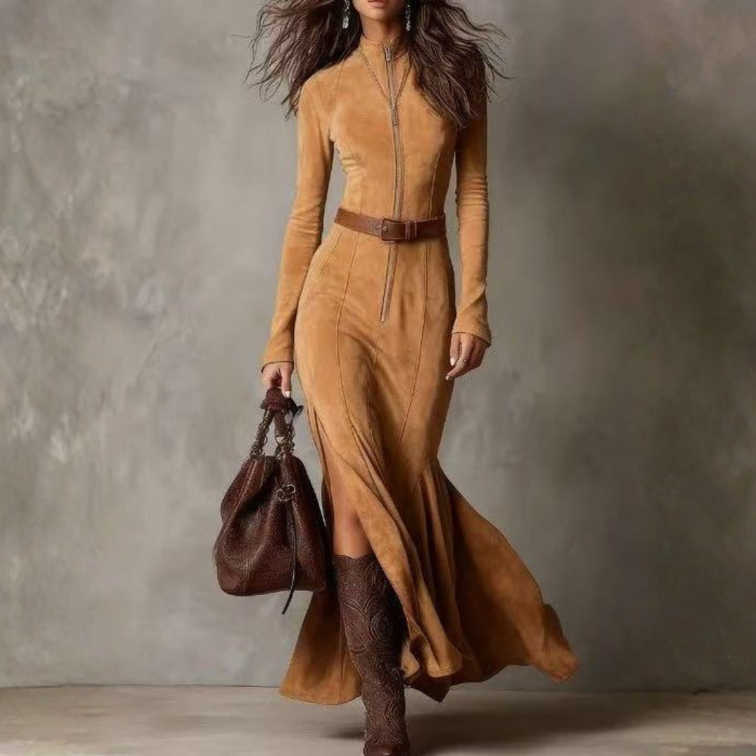 Robe longue en daim vert olive Alessia par Danoir Paris, maxi dress élégante avec coupe fluide et détails sophistiqués.