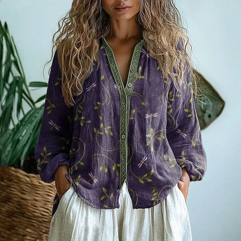 Chemise vintage élégante Danoir Paris Brianna avec imprimé floral violet, style sophistiqué et féminin.