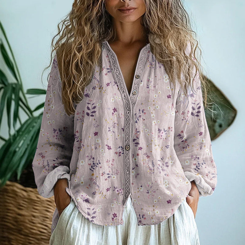 Chemise vintage élégante Danoir Paris Brianna avec imprimé floral violet, manches longues et style chic.
