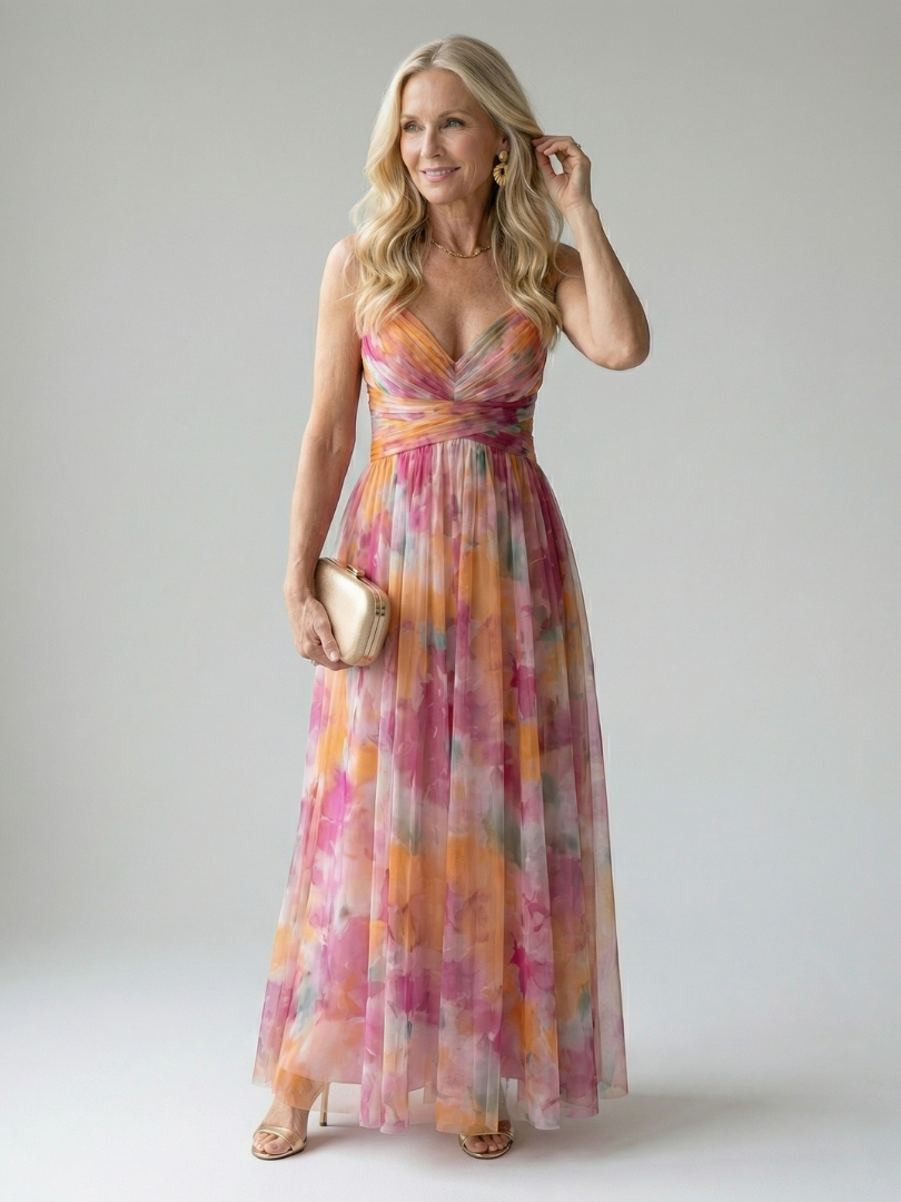 Robe maxi douce Isel de Danoir Paris en tissu multicolore, avec ceinture et coupe fluide, idéale pour un style élégant et confortable.