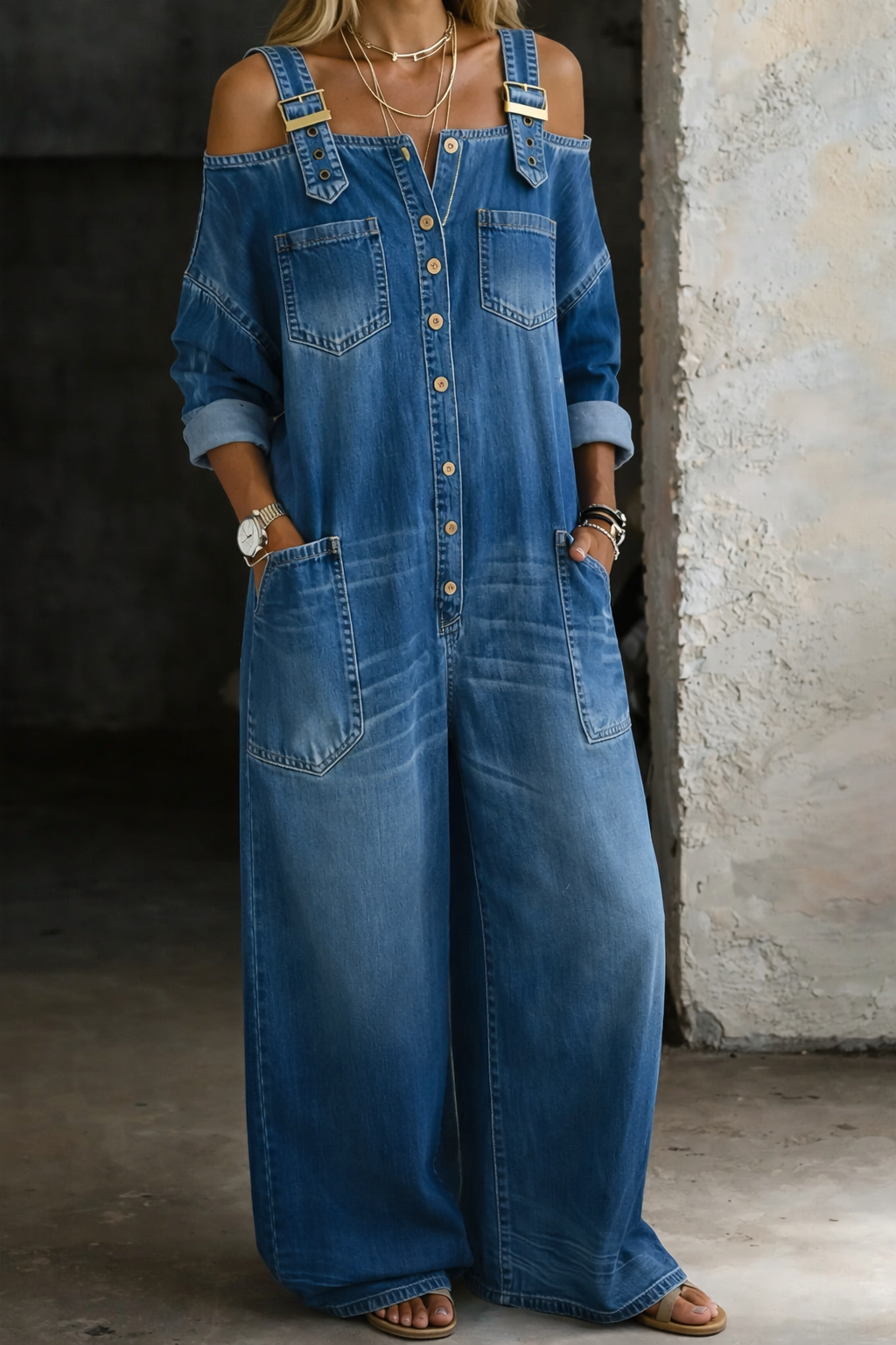 Combinaison en jean Sophia à épaules dénudées de Danoir Paris, multicolore, style décontracté et tendance.