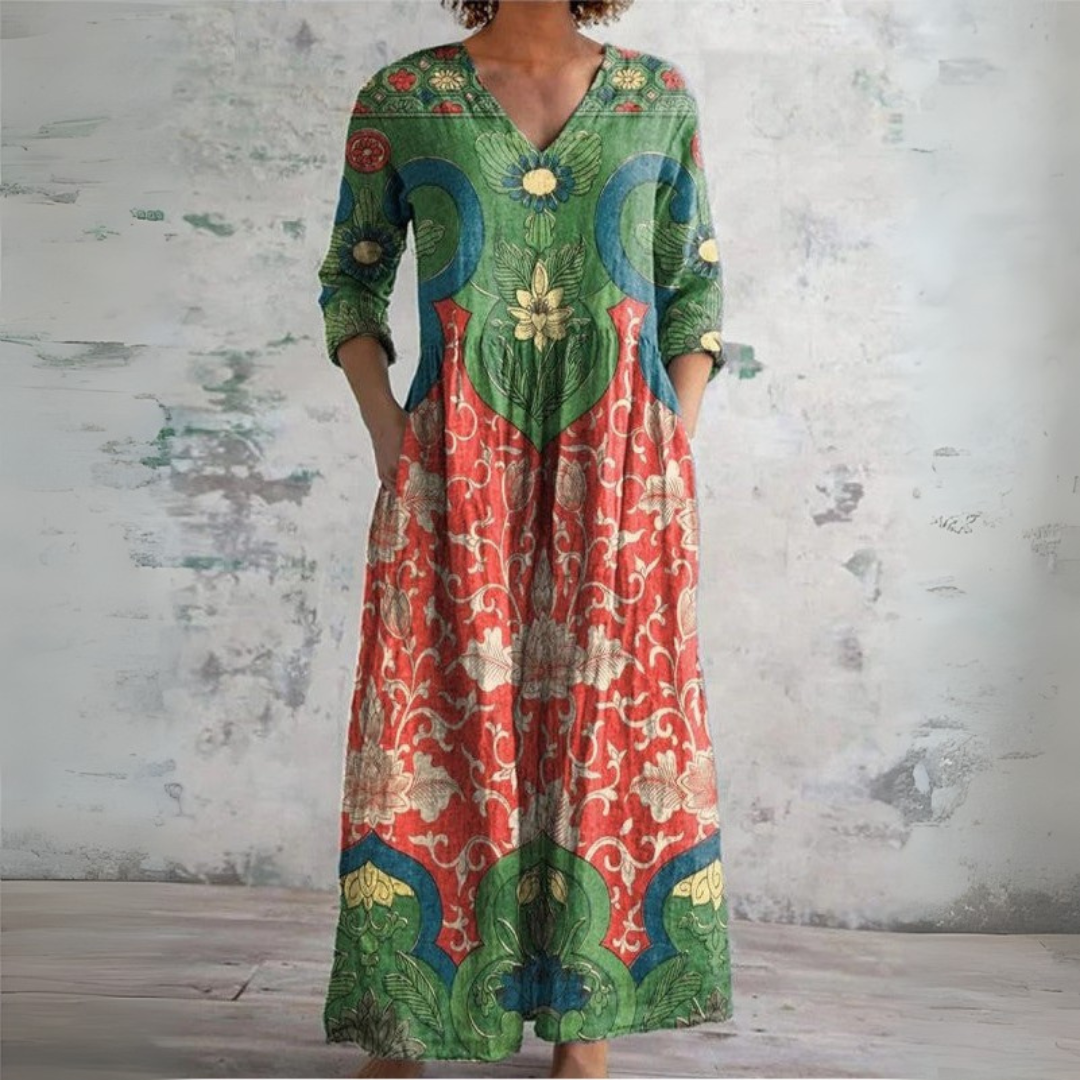 Robe longue vintage florale Sophia de Danoir Paris, multicolore, avec motif floral élégant et coupe fluide.