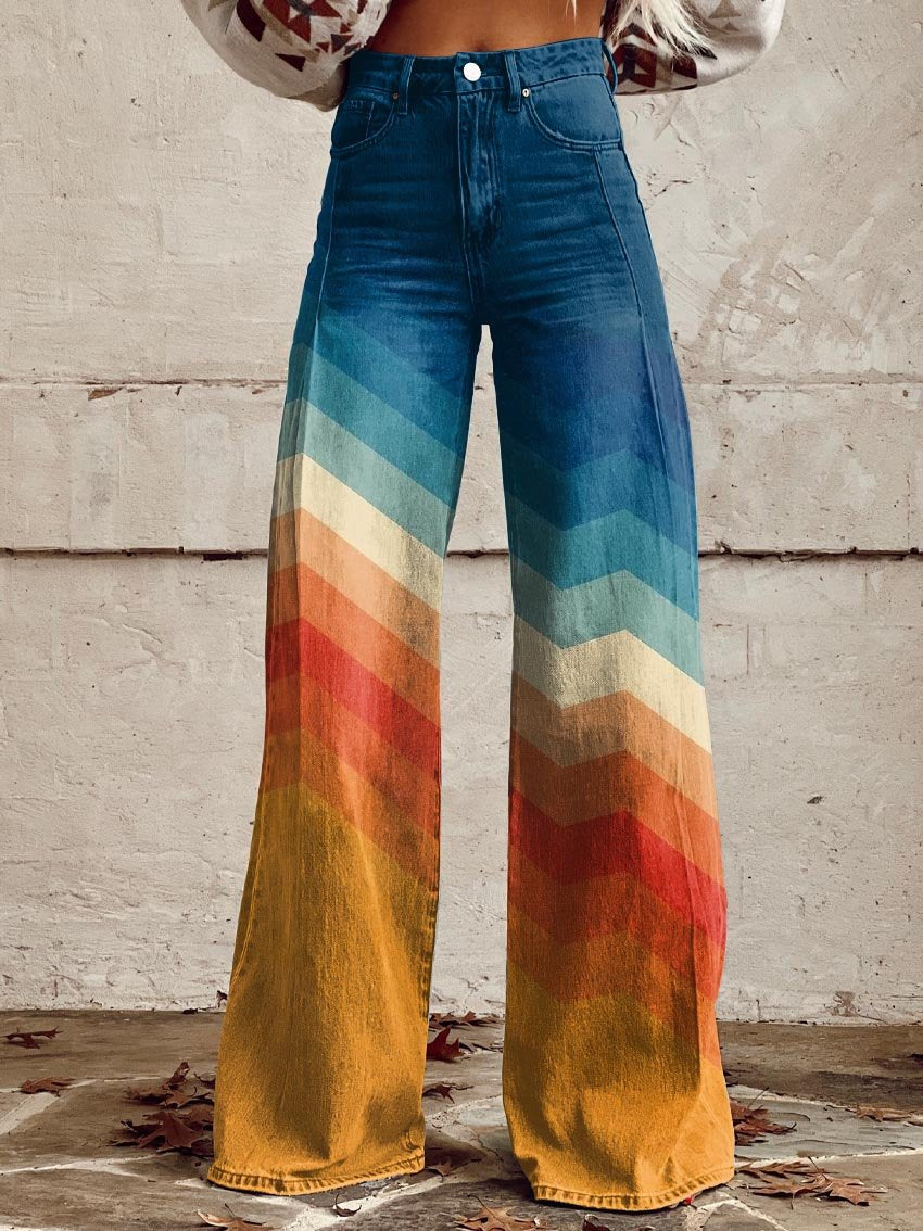 Pantaloni élégants rétro à zig zag multicolores Léa de Danoir Paris, taille 36-38, avec motif à motifs géométriques.