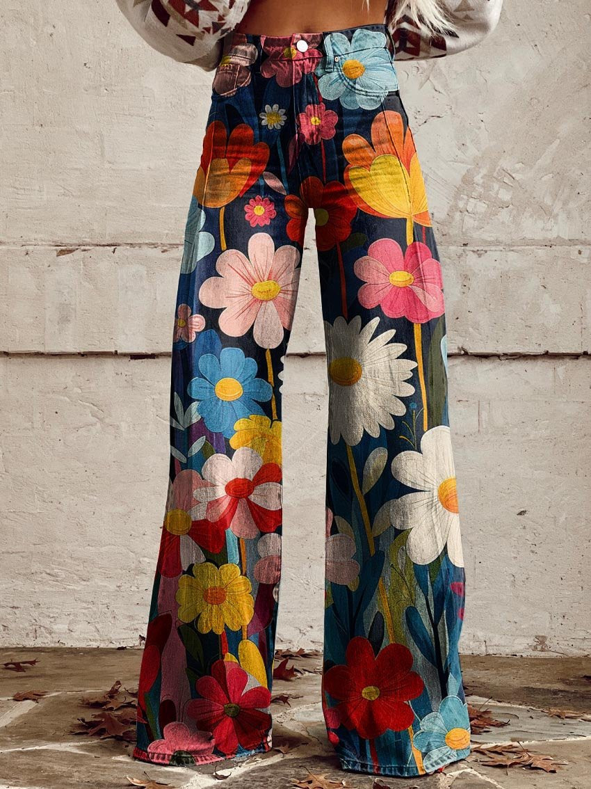 Pantaloni larges floraux Léna de Danoir Paris, motif multicolore, taille S-36/38, tissu léger et fluide.