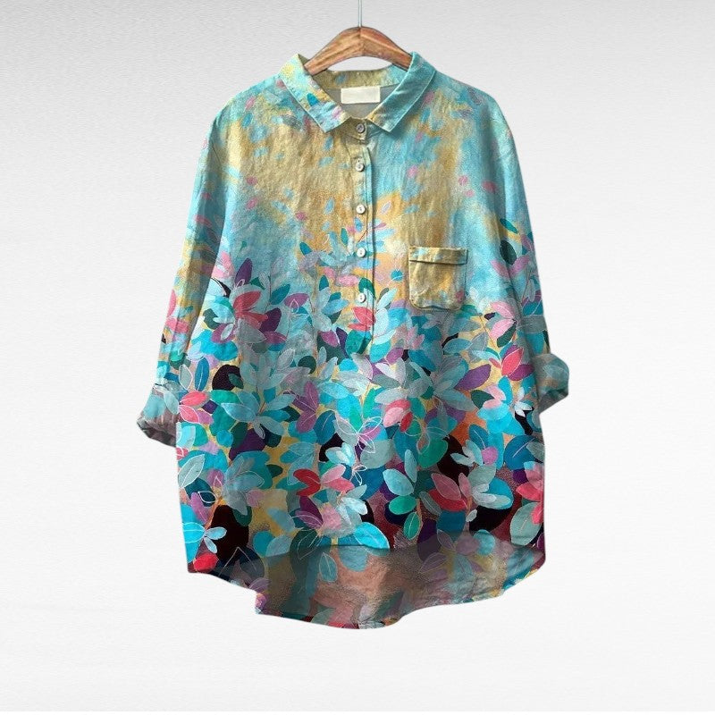 Blouse d'été en lin Danoir Paris, modèle Aurore multicolore, avec détails élégants et tissu léger pour un style chic.
