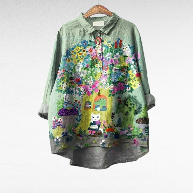 Blouse d'été en lin Caroline de Danoir Paris, élégante, multicolore, légère et confortable pour la saison chaude.