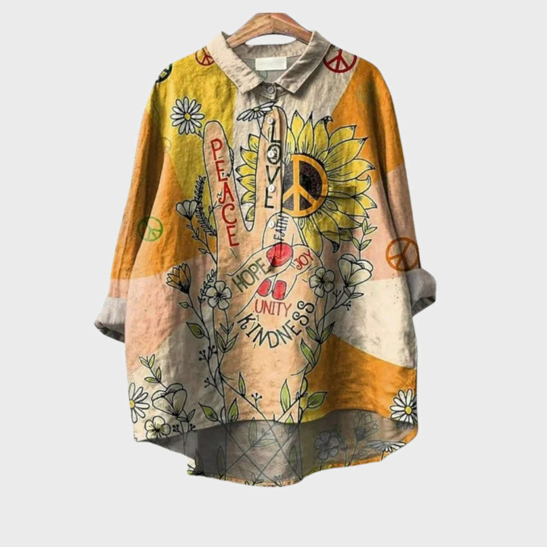Chemise d'été en lin Danoir Paris Coline, élégante et multicolore, portée sur mannequin avec manches longues et col classique.