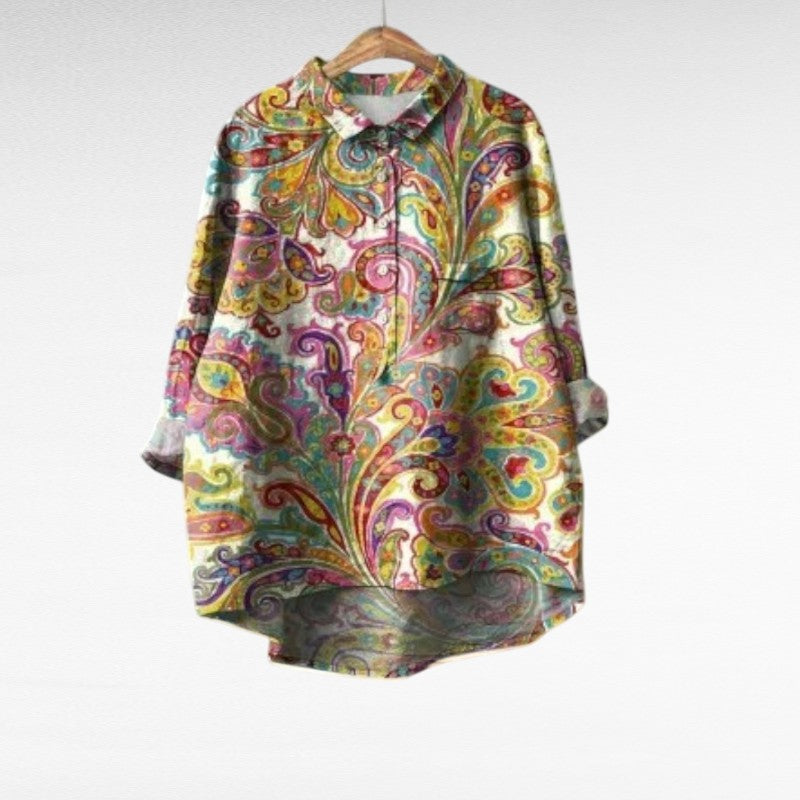 Blouse d'été élégante en lin Élisa de Danoir Paris, motif multicolore, vêtement léger et chic pour la saison chaude.