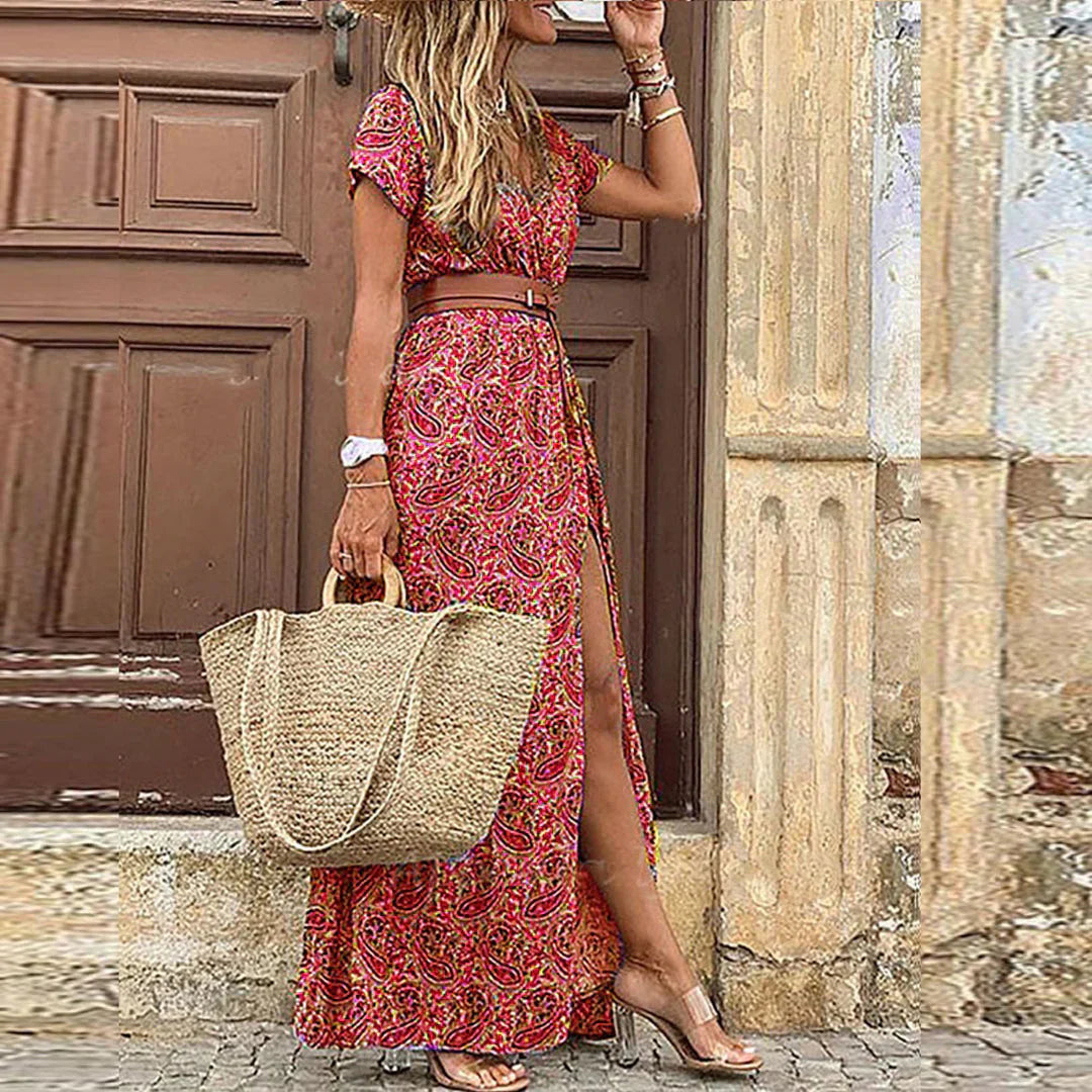 Robe longue bohème fluide Justine™ de Danoir Paris avec ceinture, motif multicolore, style élégante et confortable.