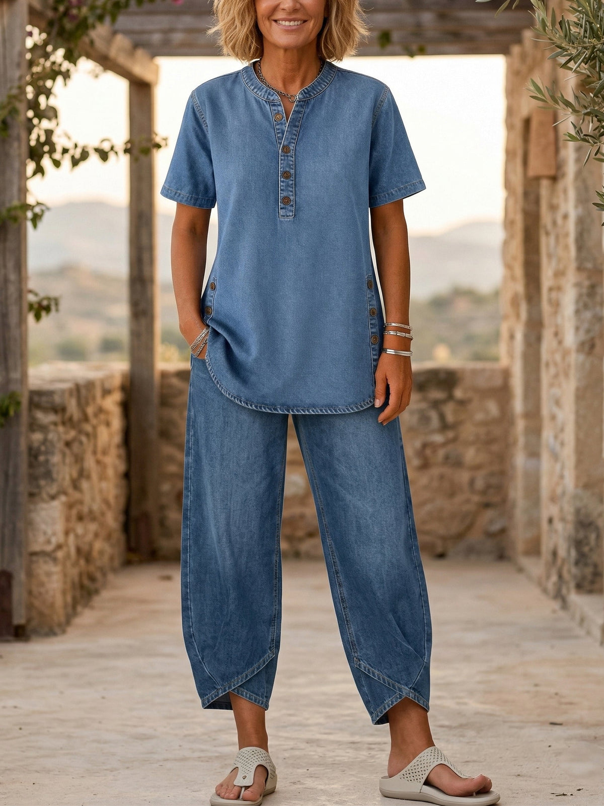 Ensemble deux pièces en jean pour femmes à manches courtes de la marque Danoir Paris, couleur navy, taille XS.