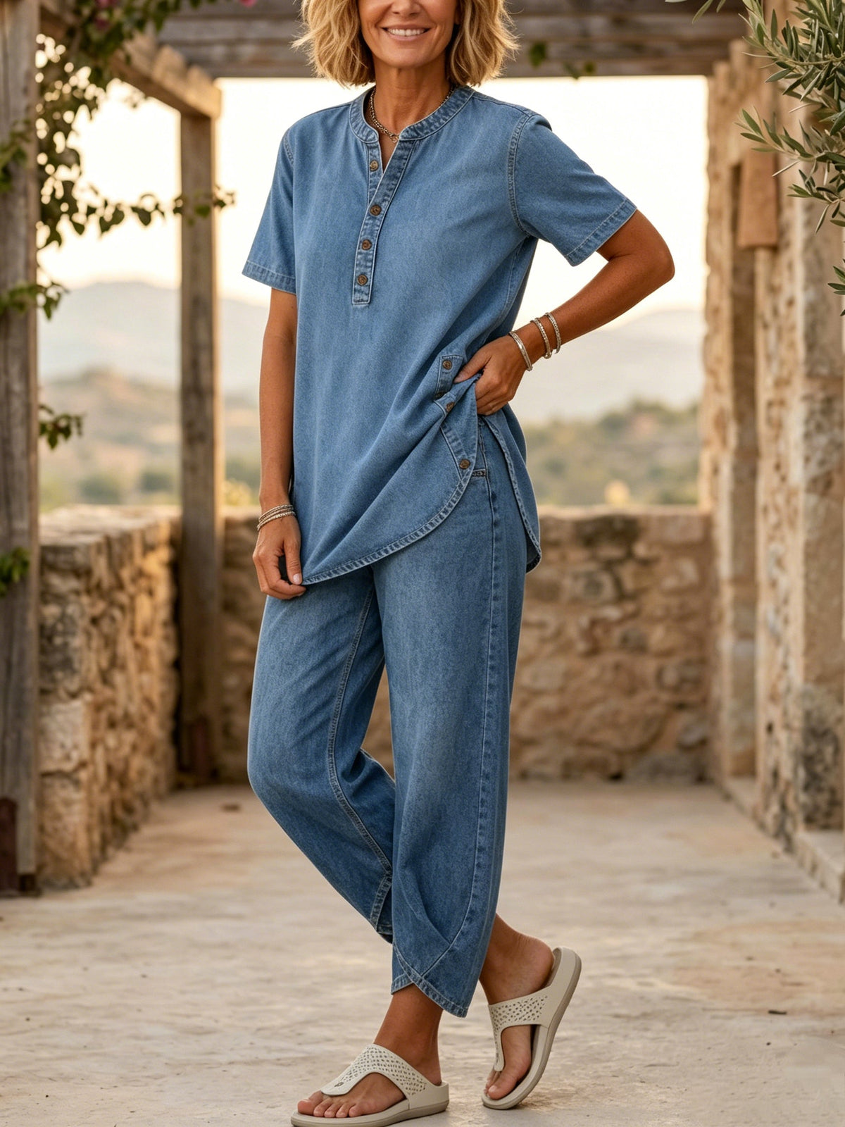 Ensemble deux pièces en denim pour femmes à manches courtes de Danoir Paris, haut et pantalon navy, style décontracté.