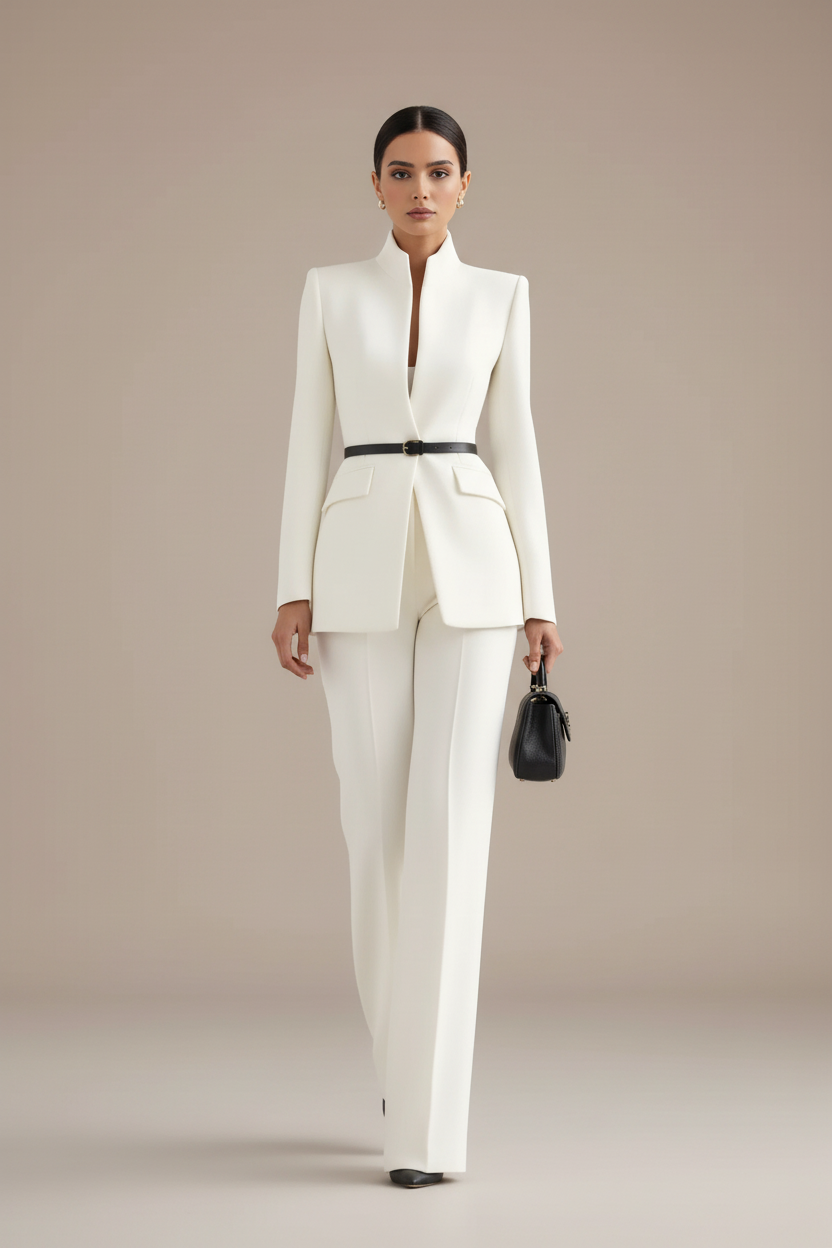 Blazer et pantalons palazzo blanc Danoir Paris, complet élégant avec poche visible, porté en main dans l'image.