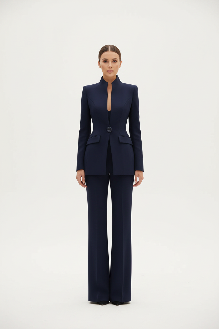Completo blazer et pantalon palazzo Danoir Paris en tissu bleu marine, vue studio, style élégant et moderne.