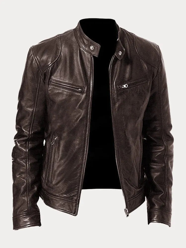Veste en cuir Danoir Paris™ noire avec col en cuir, fermeture éclair et poches, vue de face.