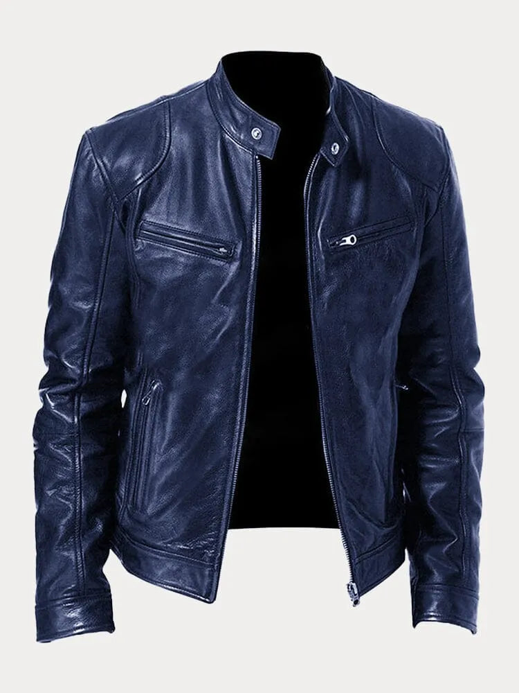 Veste en cuir Danoir Paris™ de couleur foncée, avec col et fermeture à boutons, portée sur un mannequin.
