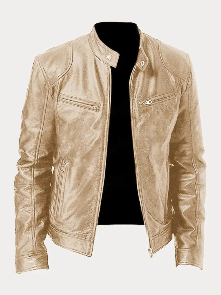 Veste en cuir Danoir Paris™ pour homme, coupe ajustée, avec col en cuir et détails en métal, vue de face.